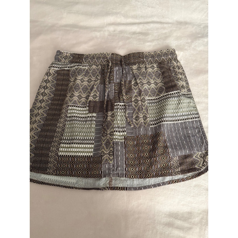 Royalty For Me Skort Women Large Brown Olive Geometric Patchwork Linen Blend EUC